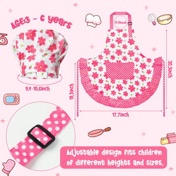 R HORSE Kid Apron and Chef Hat Set - 2Pcs Adjustable Children Pink Flower Kitchen Apron, Dress up Role Play Chef Toy Cooking Bak