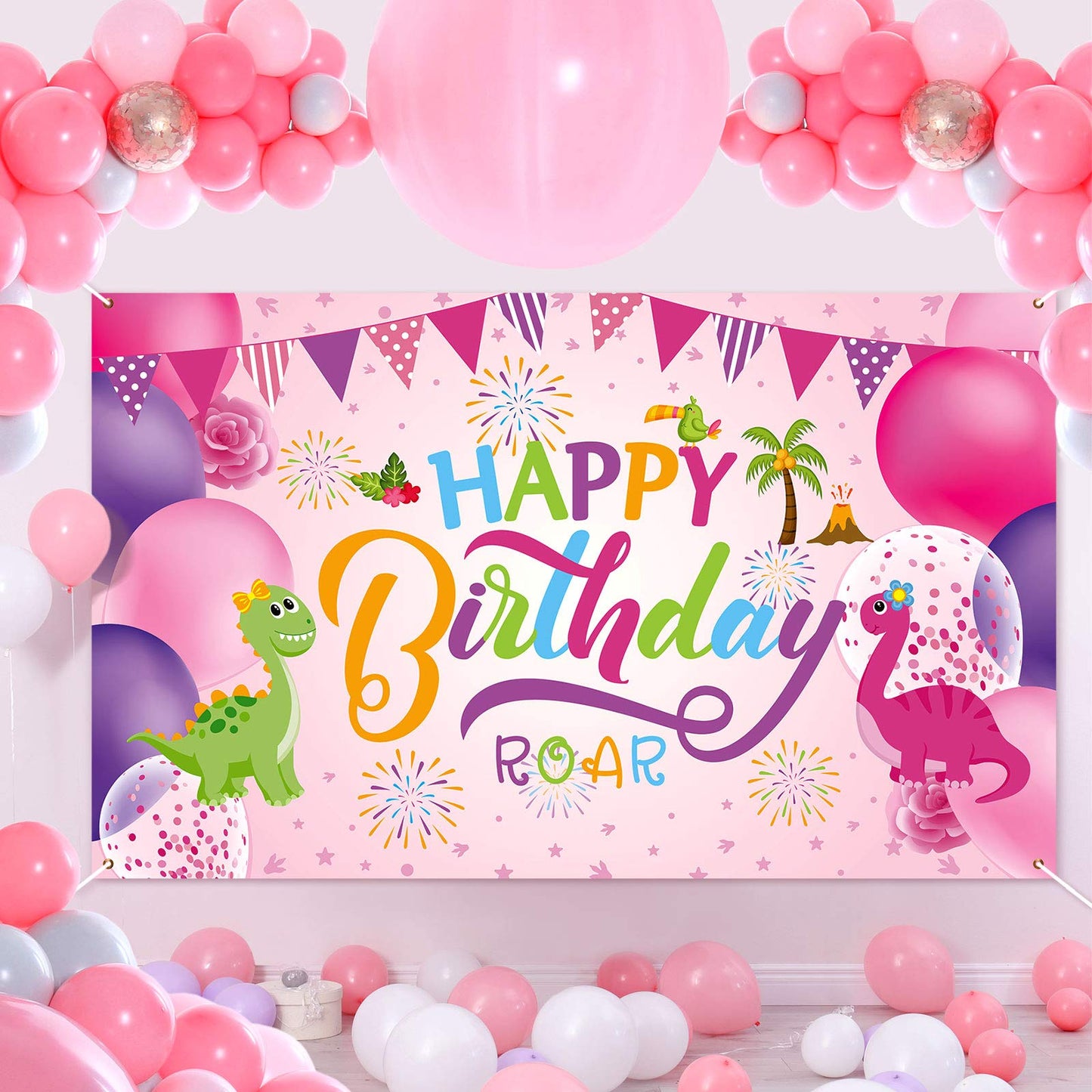 Sumind Dinosaur Happy Birthday Backdrop, Dinosaur Party Background Boy/Girl Gaming Banner For Decoration, Baby Showers And Photo Prop (Pink)