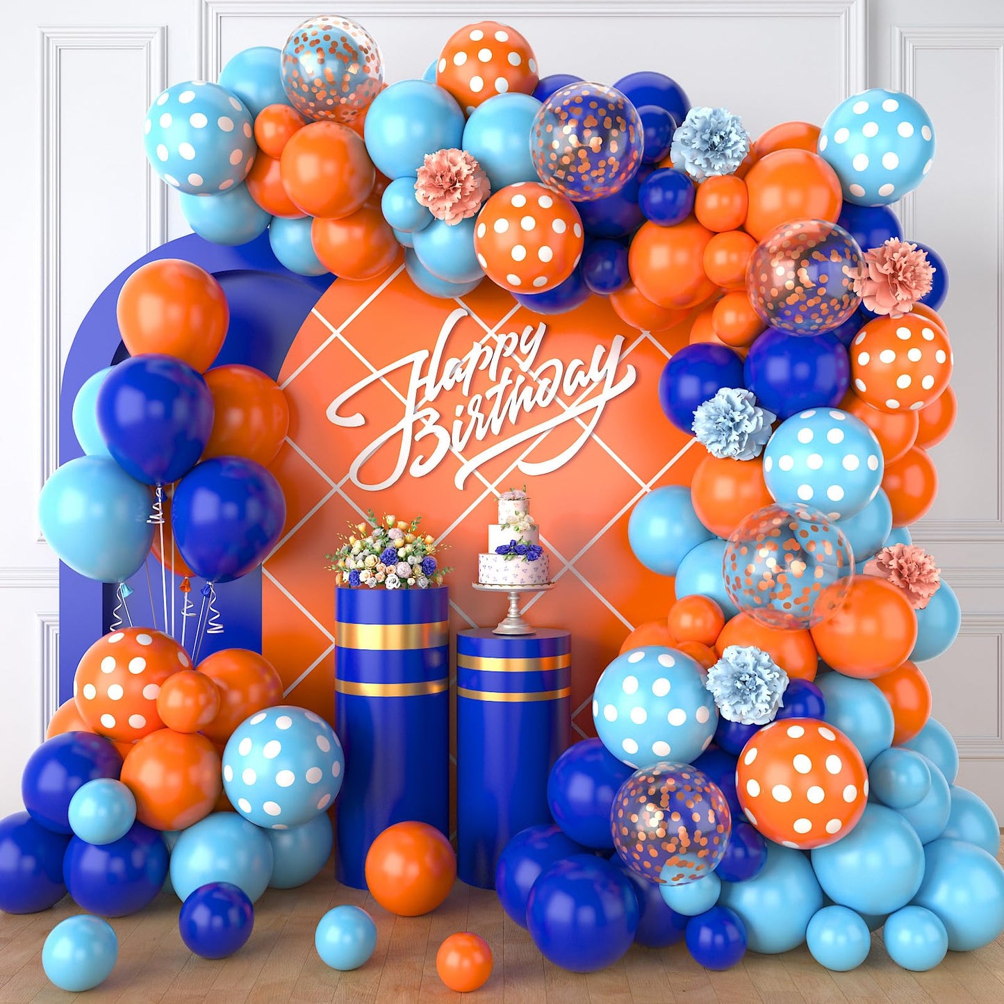 Paready Blue And Orange Balloon Arch Kit, 113Pcs Royal Blue And Orange Balloon Garland Light Blue And Orange Polka Dot Party Bal