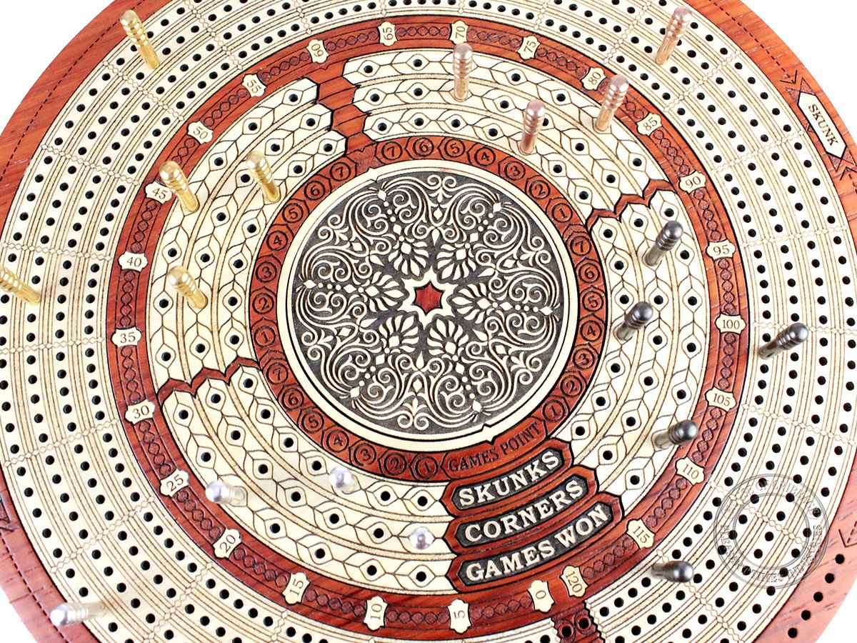 House Of Cribbage - Round Shape 4 Tracks Continuous Cribbage Board Bloodwood/Maple With Push Drawer & Place For Skunks, Corners & Won Games