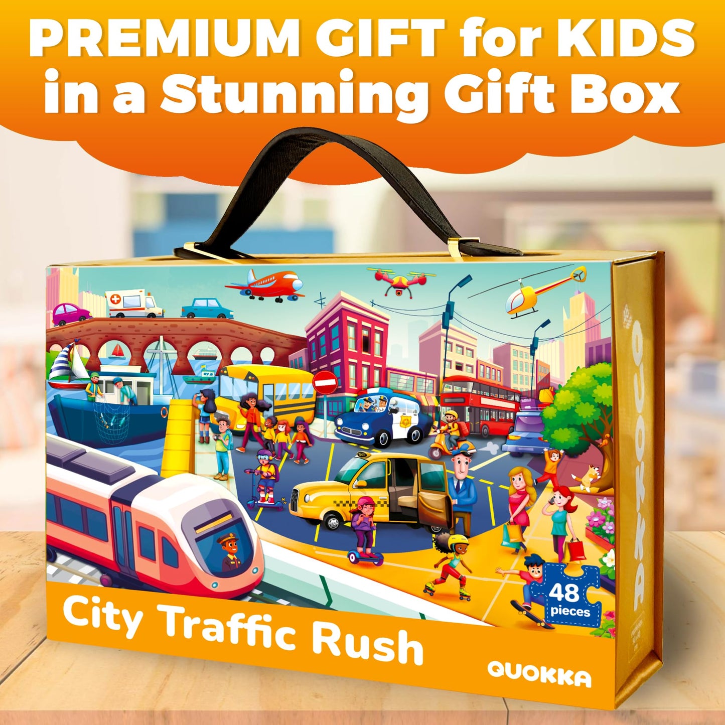 QUOKKA Giant Floor Puzzle for Kids Ages 4-6 - 2x3 Feet Extra-Thick 48 Pieces Toddler Puzzle Ages 3-5 - City Cars Educational Activity for Boys Girls - enhanced Box with Sturdy Handle & Magnetic Closure