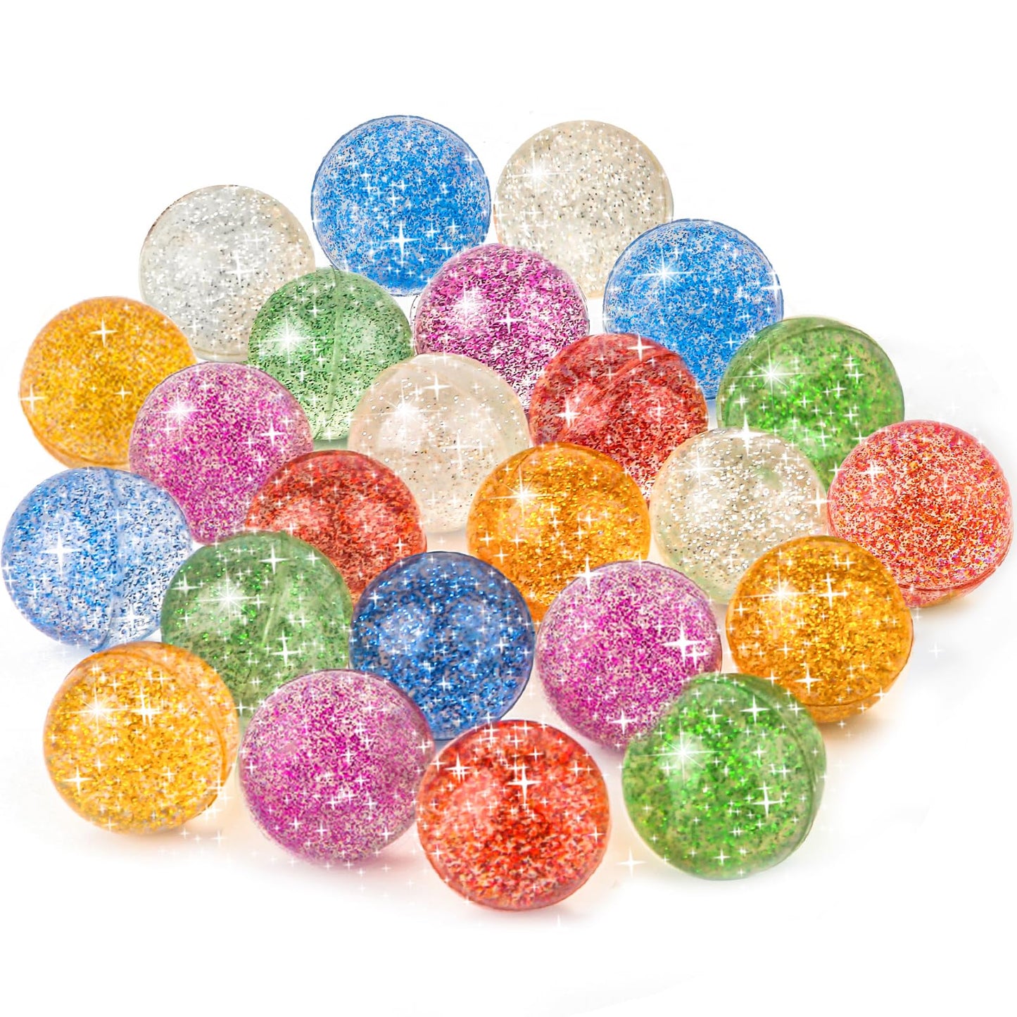 Ohanniewa 24 Pack Glitter Bouncy Balls for Kids 32 mm Rubber Bounce Balls in 6 Bright Colors - Bulk Party Favors, Goodie Bag Fil