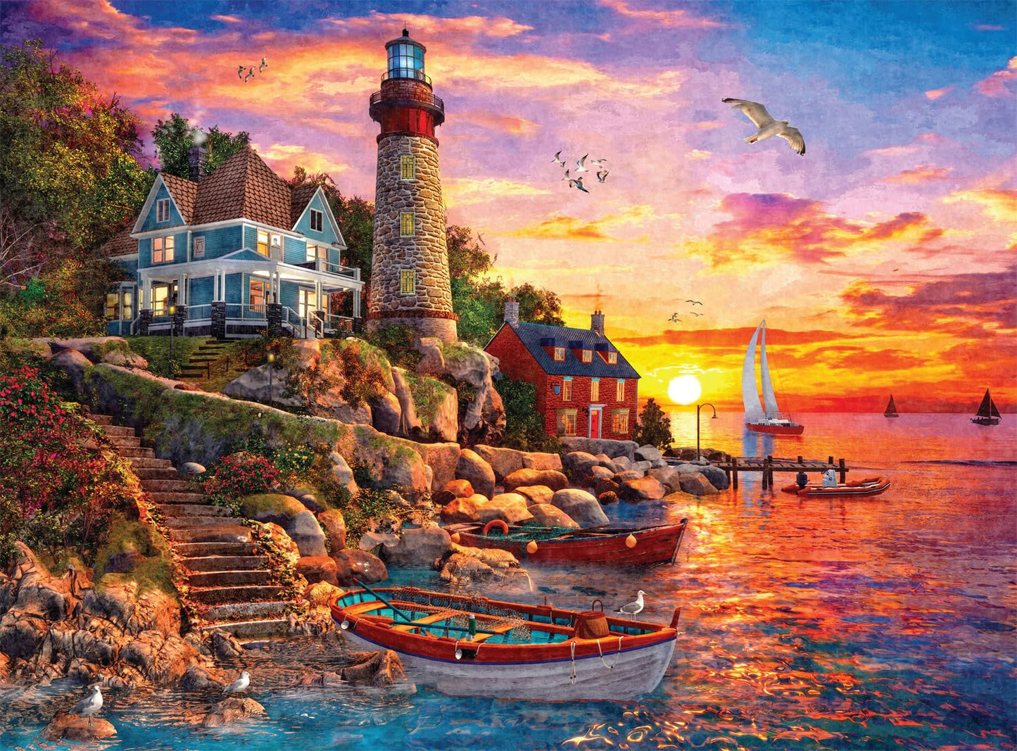 Buffalo Games 1000 Piece Jigsaw Puzzle - Sunset at Lighthouse Bay - Multicolor - 26.75 x 19.75 - Challenging Puzzle for Adults