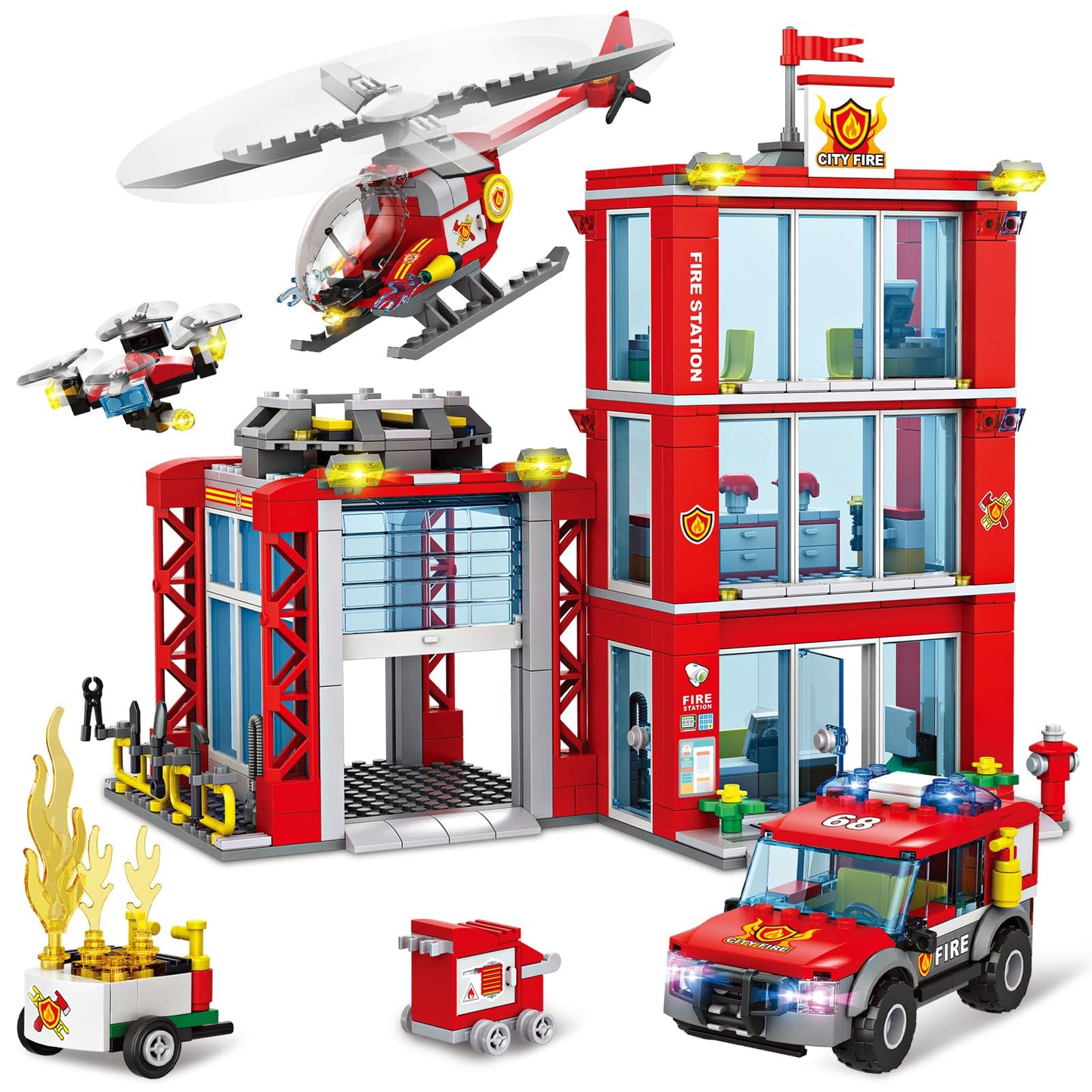 City Fire Station Building Blocks Set With Fire Truck, Fire Rescue Helicopter,Drone & Fire Engine Toys,Fire Command Center Playset, Firefighters Roleplay Toy Gifts For Kids Boys Girls Ages 6+(744Pcs)