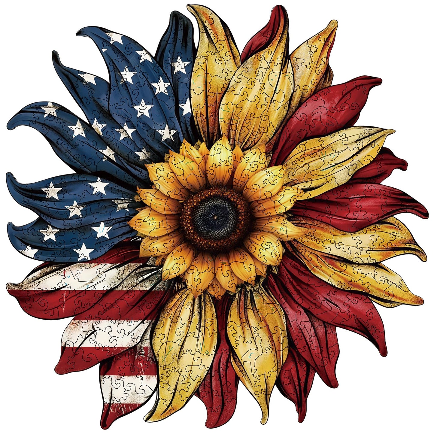 American Flag Sunflower Wooden Puzzles for mature-themeds  300pcs Wooden Jigsaw Puzzles for mature-themeds  Unique Shaped Jigsaw Puzzles Creative Gift for Friend Family Game Large Size 15'' x 15''