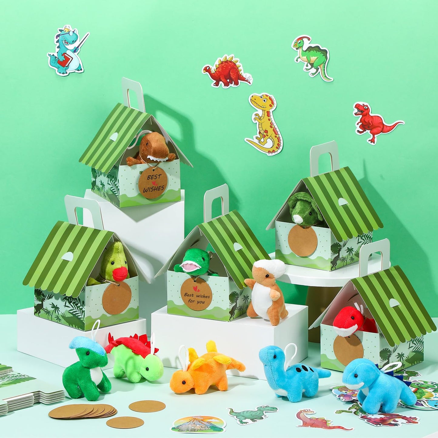 Spakon 72 Pcs Dinosaur Party Favors for Boys and Girls Includes 12 Sets Mini Dinosaur Stuffed Animals Plush Keychains Gift Box H