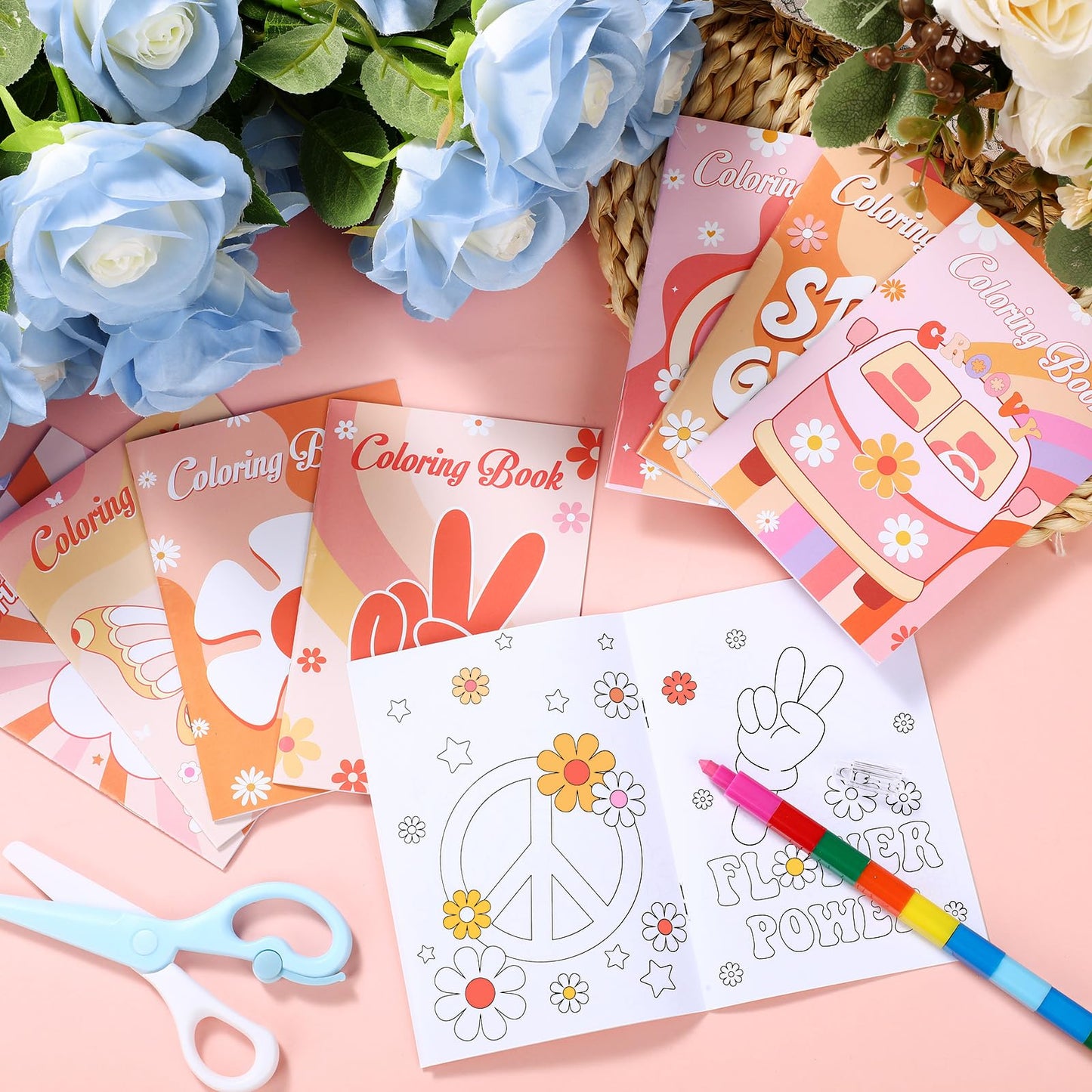 Honoson 24 Pcs Hippie Boho Coloring Books Kids Stay Groovy Drawing Book Peace Sign Mini Coloring Book Daisy Rainbow Hippie Bus A