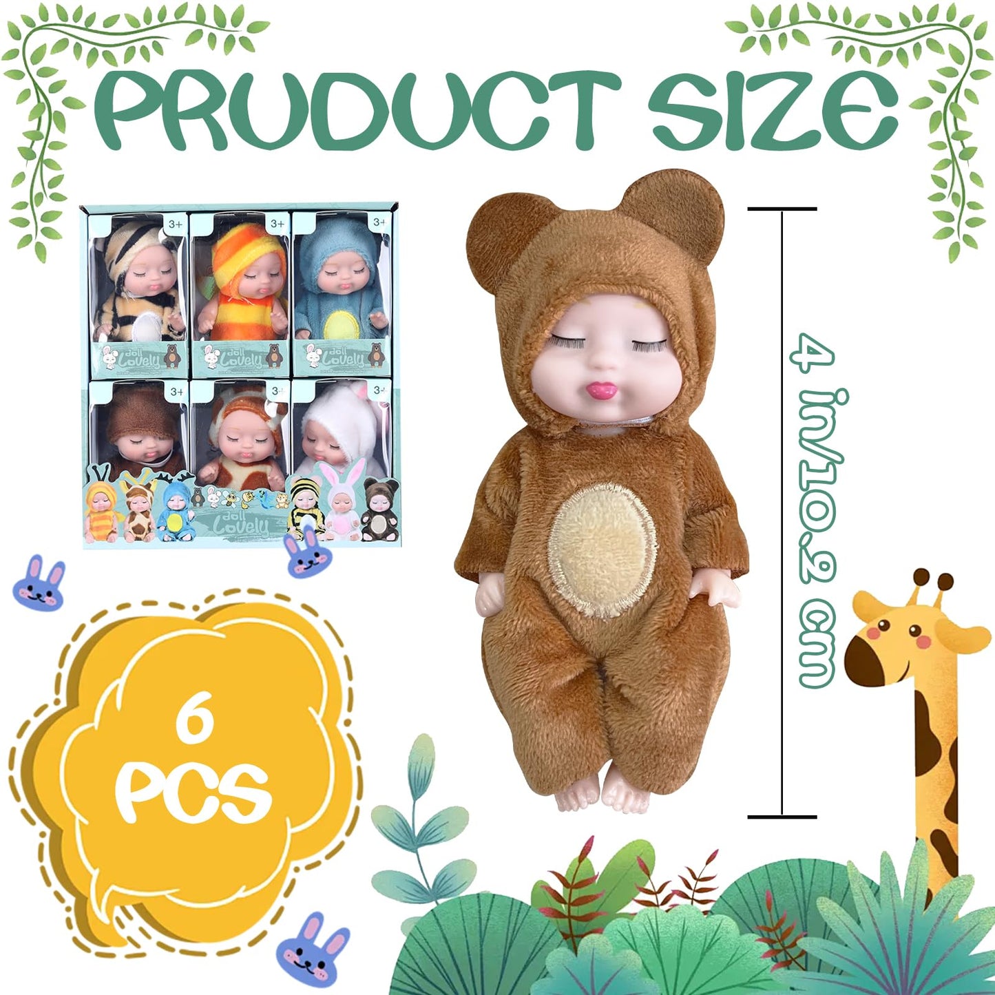 Woozettn 6 Pcs Mini Baby Dolls,4 Inch Realistic Small Baby Doll Toys With Animal Clothes,Cute Tiny Babies Gifts For Girls Kids Baby Shower Easter Basket Valentine
