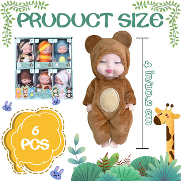 Woozettn 6 Pcs Mini Baby Dolls,4 Inch Realistic Small Baby Doll Toys With Animal Clothes,Cute Tiny Babies Gifts For Girls Kids Baby Shower Easter Basket Valentine