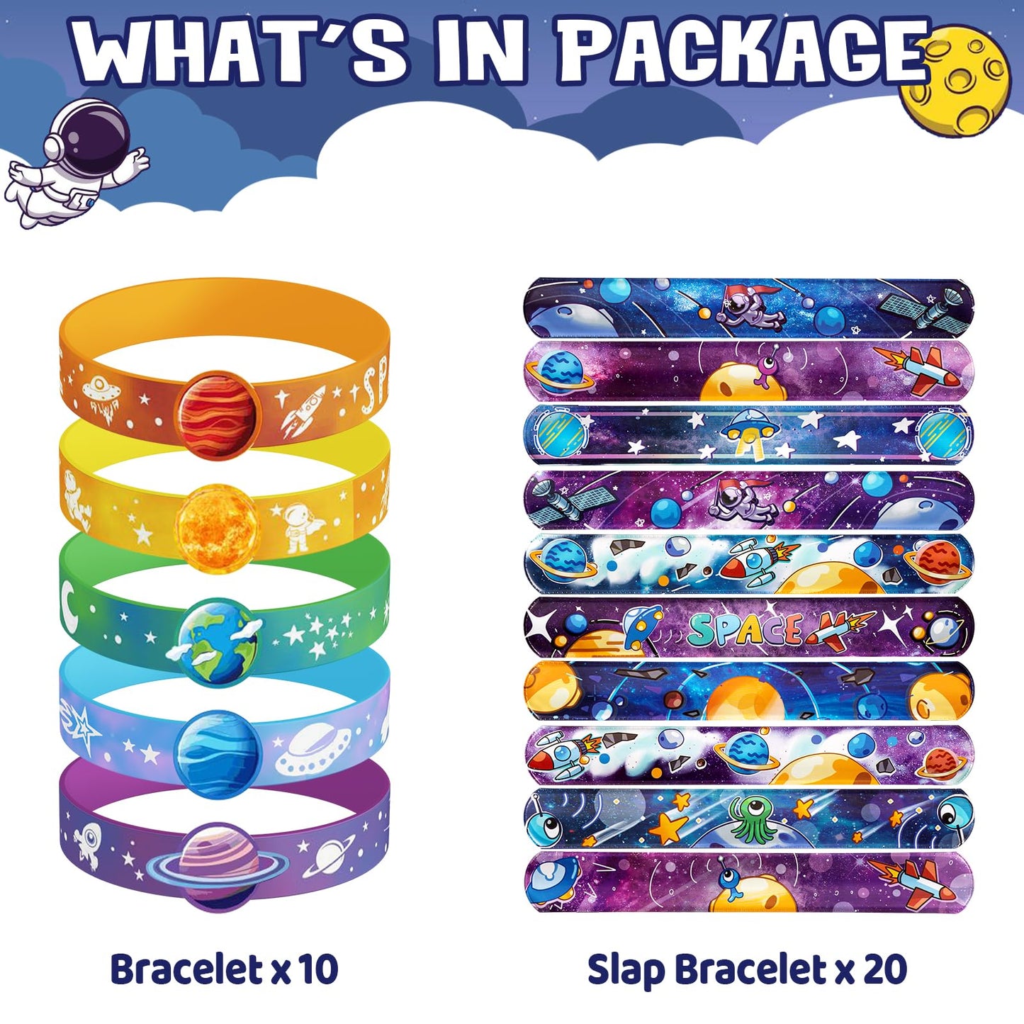 Dmight Space Party Favors, 30 Pcs Outer Space Themed Birthday Decorations, 10 Silicone Bracelet, 20 Slap Bracelet For Astronaut