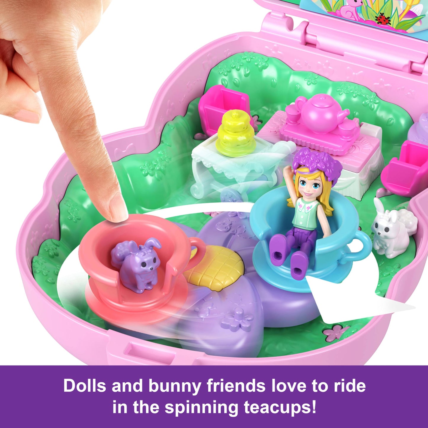 Polly Pocket Dolls And Playset, Tea Party Bunny Compact, Travel Toy With 1 Micro Doll, Pet Bunnies, Food & Fashion Styling Acces