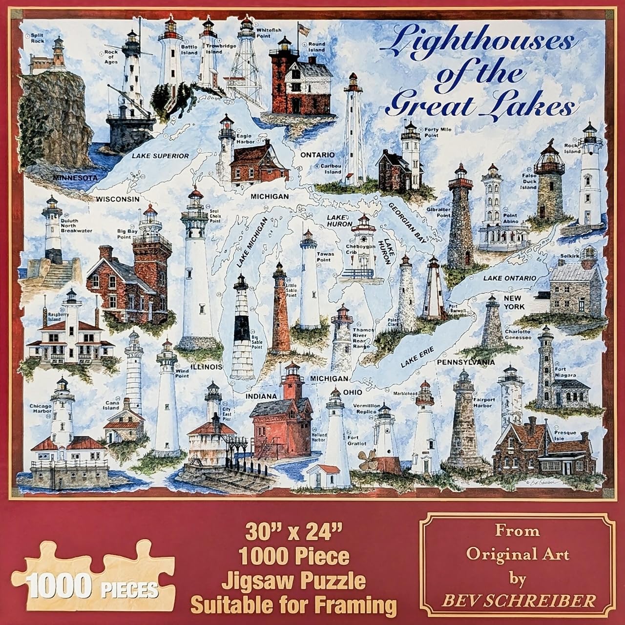 Heritage Puzzles Lighthouses Of The Great Lakes - 1000 Pieces - Size: 30'' X 24''