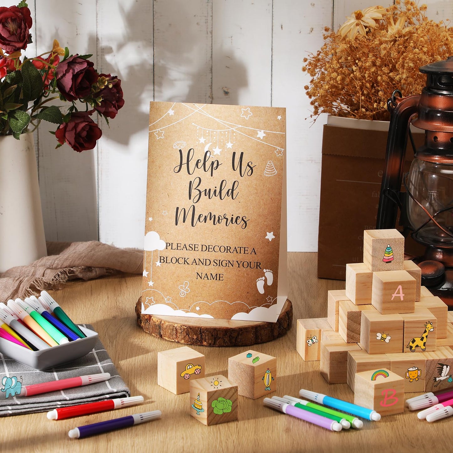 Dinifee 125 Pcs Baby Shower Decorate a Block Game Set Includes Help Us Build Memories Sign 100 DIY Blank Wooden Block 24 Paint M