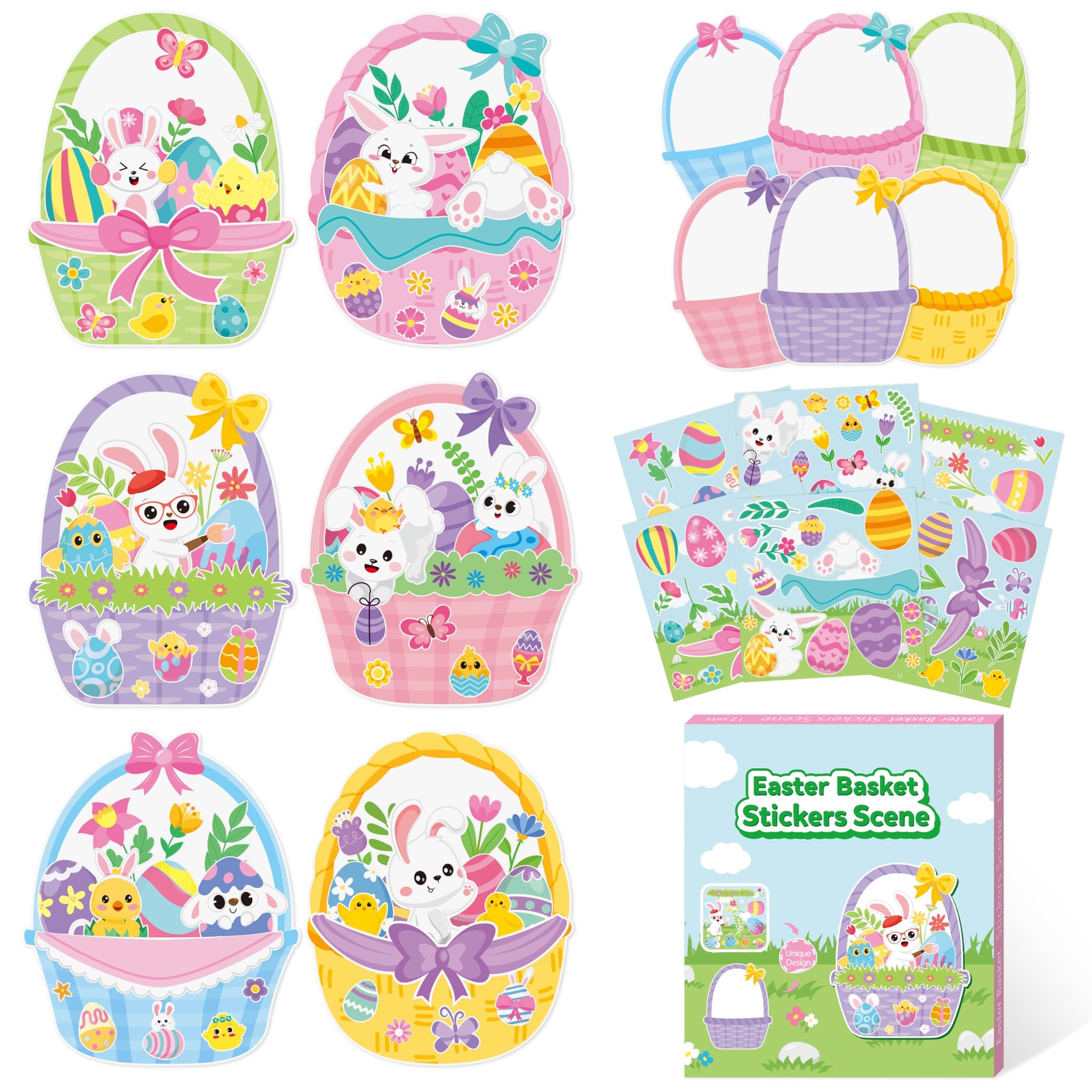 CY2SIDE Easter Basket Scene Stickers - 12 Sets of Easter Theme Basket Stuffers Art Craft Kit for Kids School Activity Make Your 