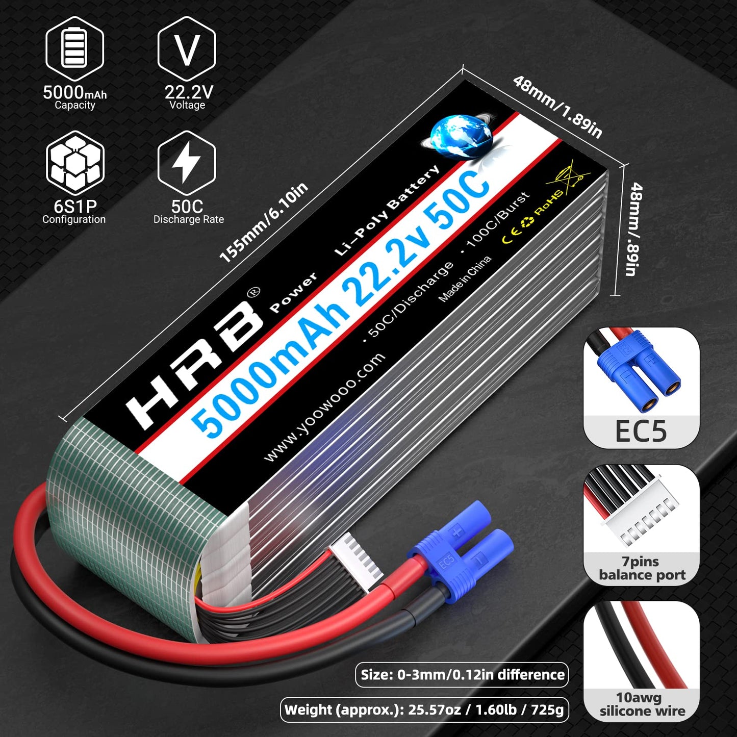 HRB 6S 5000mAh Lipo Battery EC5 Soft Case 50C 100C 22.2V RC Lipo Battery Compatible for RC Quadcopter Airplane 500 600 Helicopte