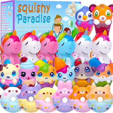 Pokonboy 20 Pack Jumbo Squishies Keychain, Cream Scented Slow Rising Squeeze Toys Unicorn Donut Animal Stress Relief Toys Easter Basket Stuffers Birthday Party Favor For Boys And Girls Age 3+