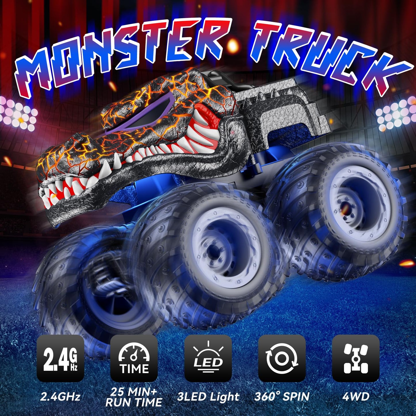 AUUGUU Remote Control Monster Truck, 2.4GHz All Terrain, Light Spray, 5.7" Crocodile, Plastic, RC-Truck-EY, Kids Toy 3+