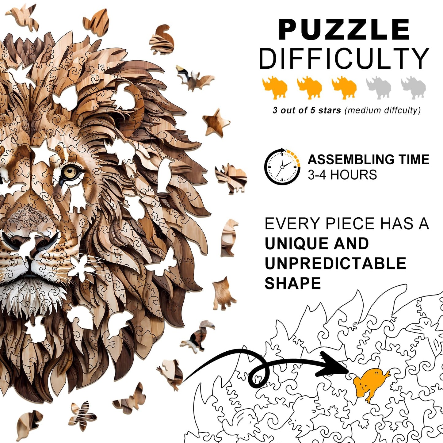 Wooden Puzzles for mature-themeds - 200 Pieces Lion Unique Shaped Wooden Jigsaw Puzzles for mature-themeds  Medium Size 10'' x 10.5'' mature-themed Wood Puzzles for Family Friend Game