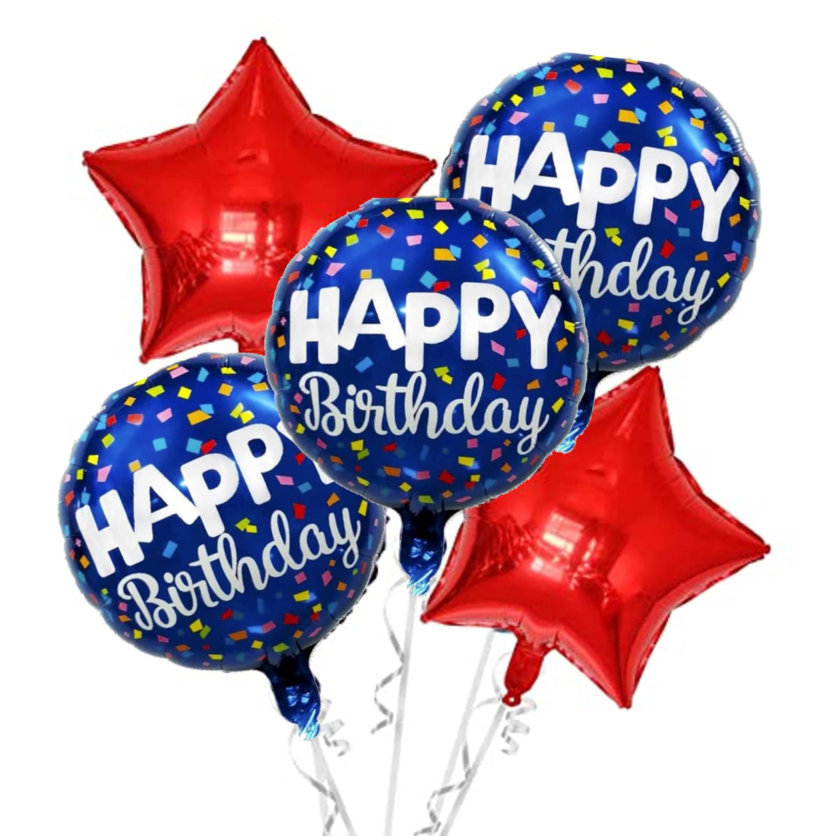 GRAND SHOP Happy Birthday Round and Star Foil Balloons Blue Red Set of 5 Pcs