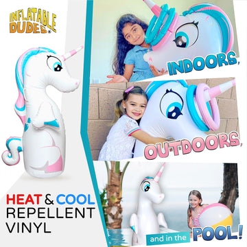 Inflatable Dudes Unicorn 47 Inches- Kids Punching Bag| Already Filled With Sand | Party Bop Bag |Ring Toss With 3 Inflatable Rings| | Ride-On Toy + Handles| Punching Bag For Kids (Unique)