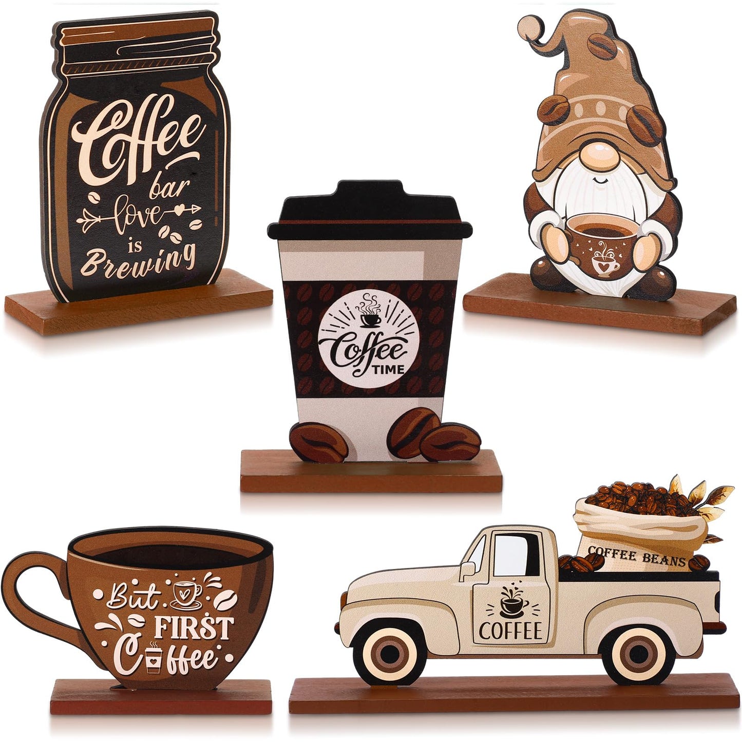 Blulu 5 Pieces Coffee Bar Decor Sign Farmhouse Coffee Bar Wood Signs Rustic Coffee Wooden Table Centerpiece Coffee Tiered Tray D