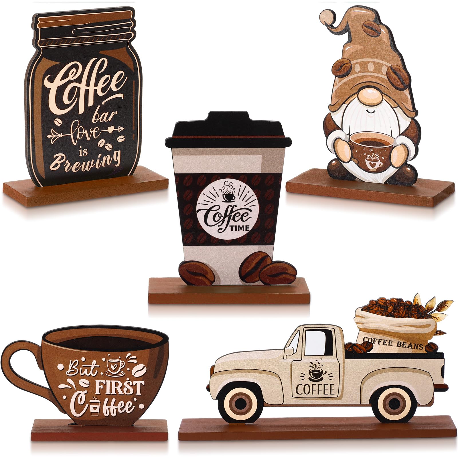 Blulu 5 Pieces Coffee Bar Decor Sign Farmhouse Coffee Bar Wood Signs Rustic Coffee Wooden Table Centerpiece Coffee Tiered Tray D
