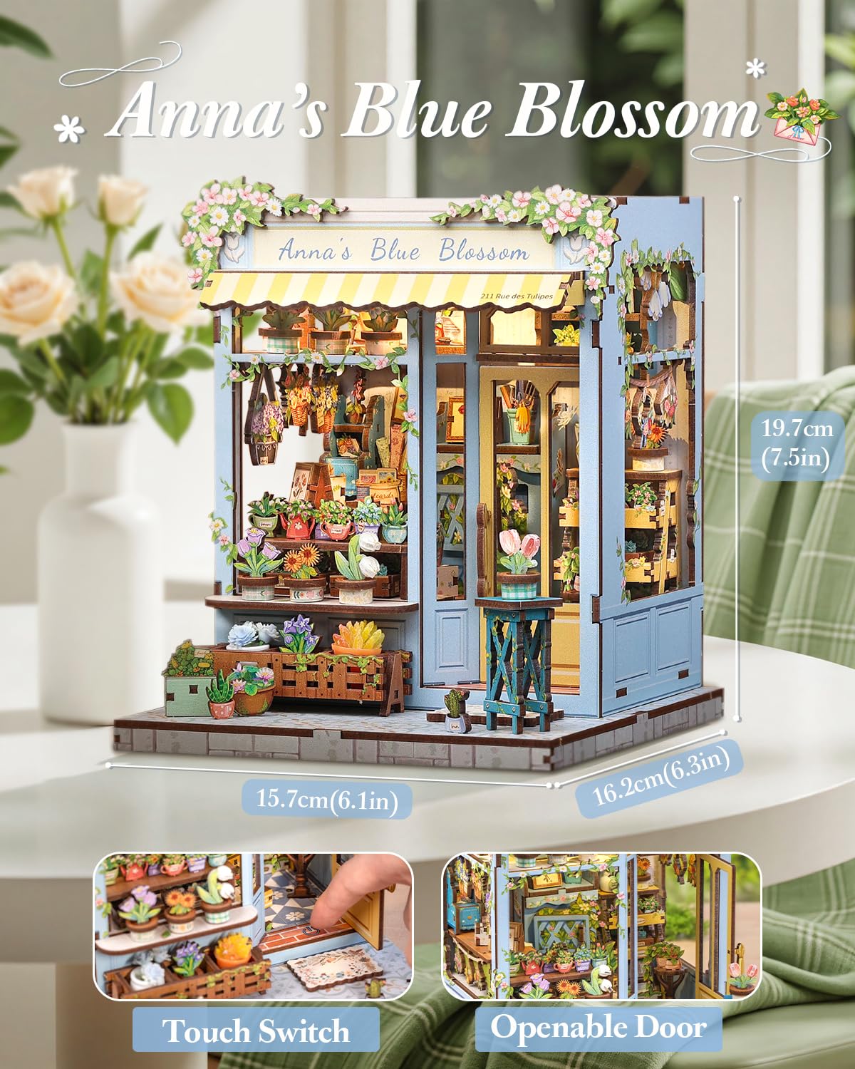 CUTEBEE Book Nook Kit - DIY Miniature House Dollhouse Kit for mature-themed and Teens  Booknook Bookshelf Decor Alley Model Build with LED Light  Gifts for Family and Friends (Anna 's Blue Blossom)
