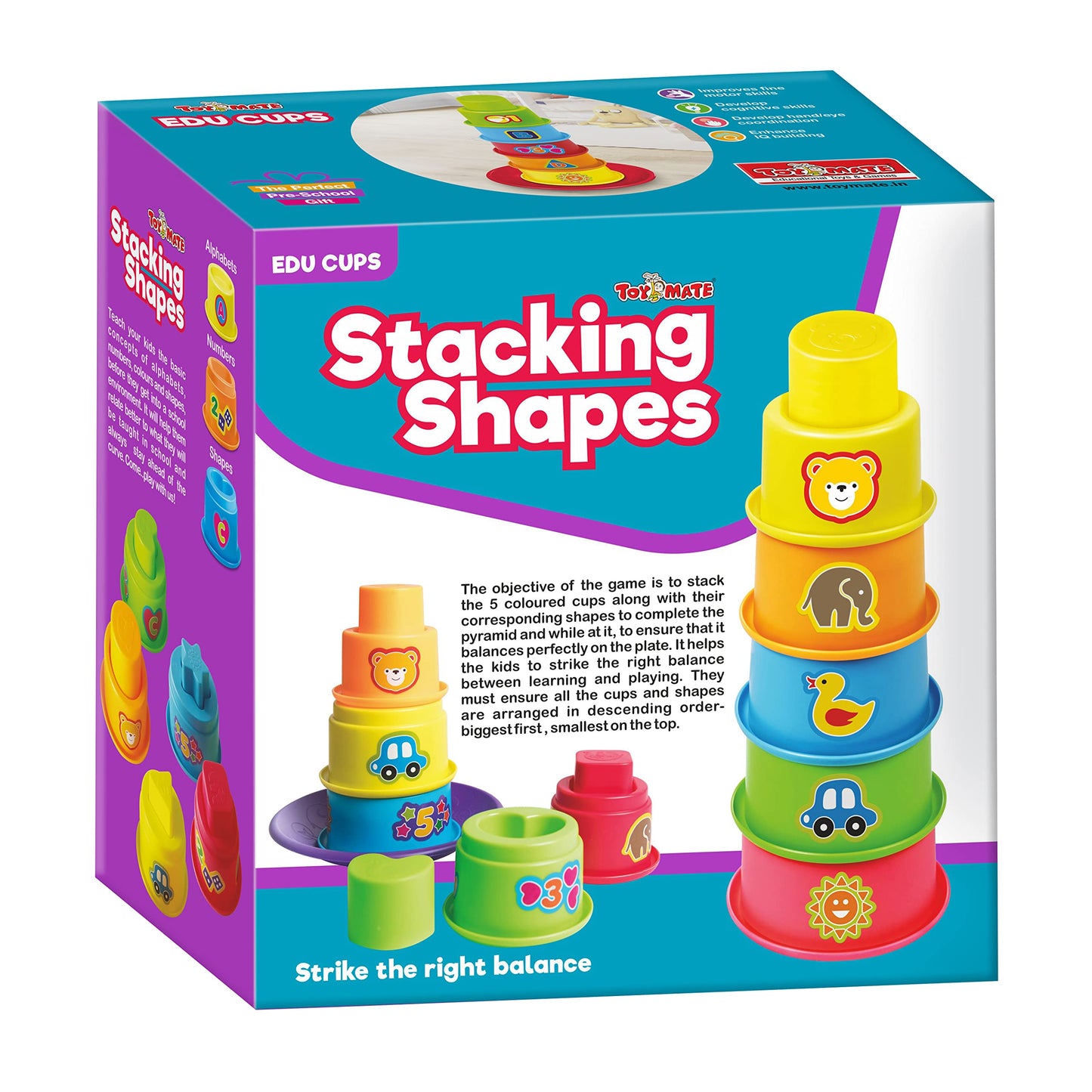 Toymate Stacking Shapes, 5 Colourful Cups & ShapesLearning Stacking & Balancing Game 18 Months+ For Kids