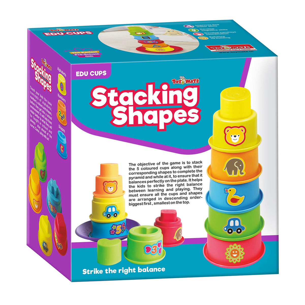 Toymate Stacking Shapes, 5 Colourful Cups & ShapesLearning Stacking & Balancing Game 18 Months+ For Kids