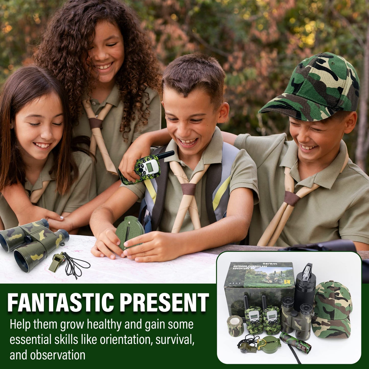 CEREM Outdoor Adventure Kit for Kids - enhanced Camouflage Camping Gear with Walkie-Talkies - Military Style Toys - Explorer Gear Play Set - 10 in 1 Bundle - Ideal for All Ages and Genders