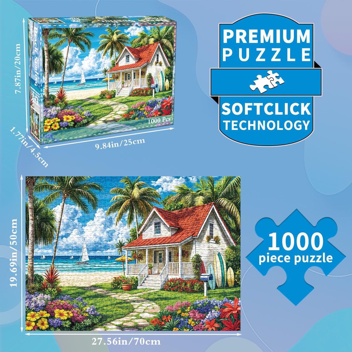 Jigsaw Puzzles for mature-themeds 1000 Piece Puzzle for mature-themeds 1000 Pieces Puzzle 1000 Pieces-Summer Beach Vacation -Surfing  Coconut Trees  Wooden Houses