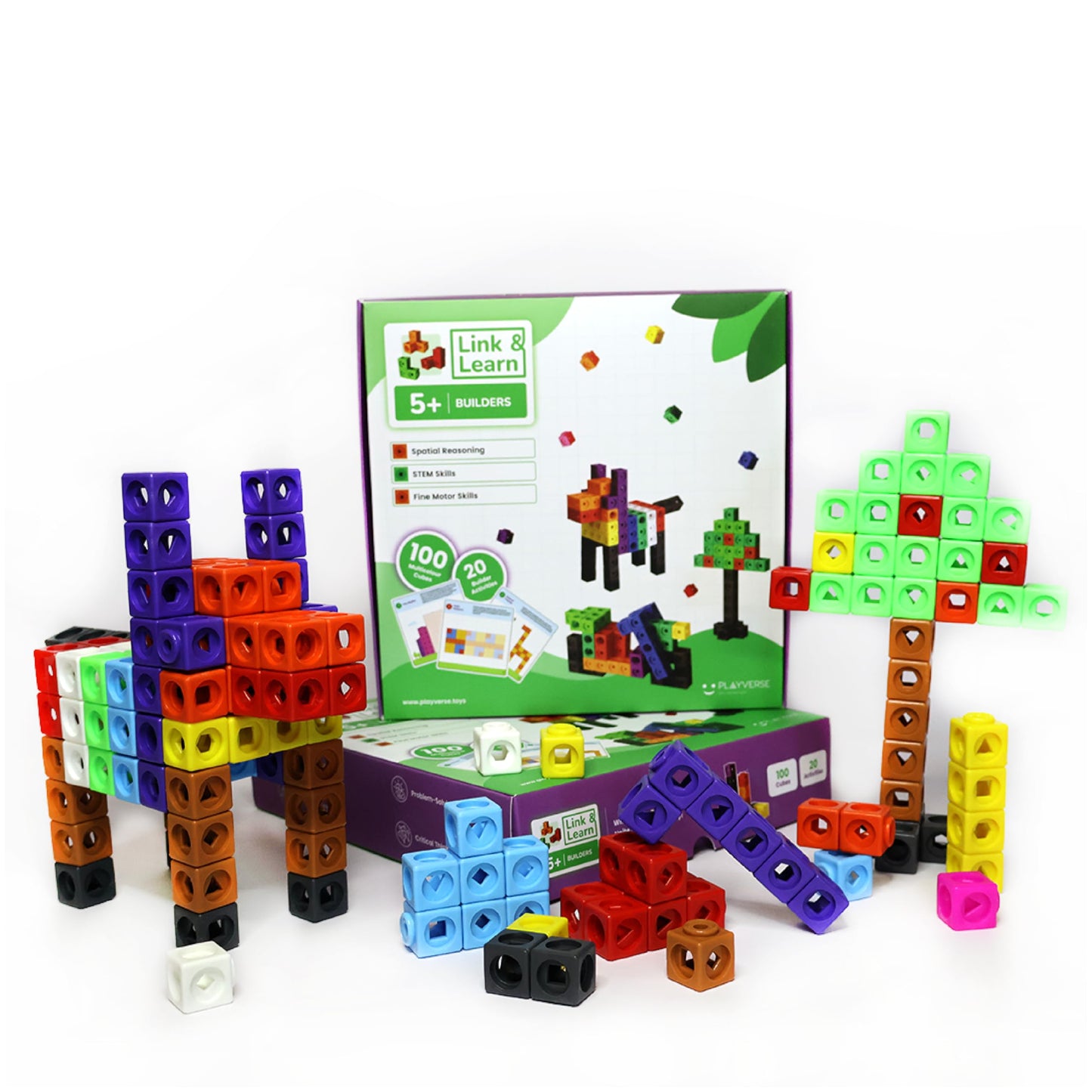 Playverse Link & Learn Builders, Building Blocks Construction Set,100 Multicolour Cubes, 20 Activities, Educational Building Blo