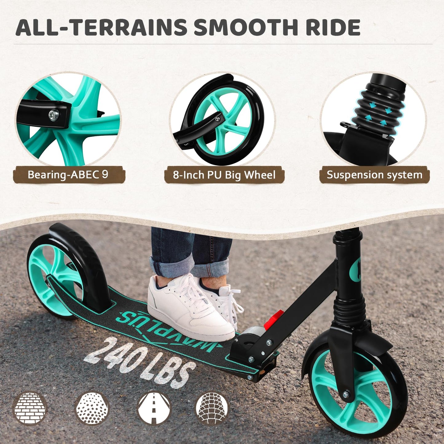 WAYPLUS Aquas Kick Scooter - Foldable, Lightweight, 8-Inch Non-Slip Deck, ABEC9 Bearings, Adjustable Height