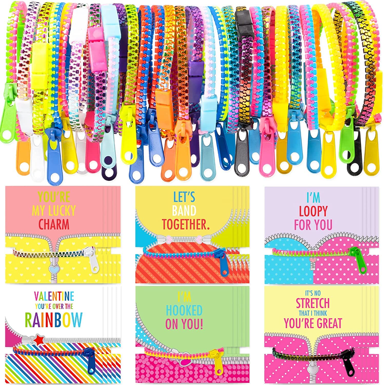 OuMuaMua 30Pcs Valentines Day Cards Gift for Kids Classroom - Valentines Cards with Fidget Zipper Bracelets Toy for Kids Valenti