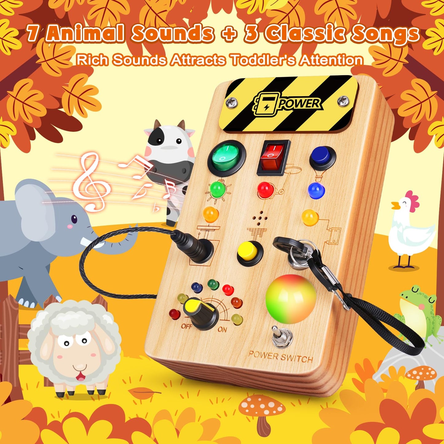 Tintecusa Busy Board Montessori Toys For Toddler, Wooden Sensory Board Switch Toy With Color-Changing Led Light Up Travel Toys E