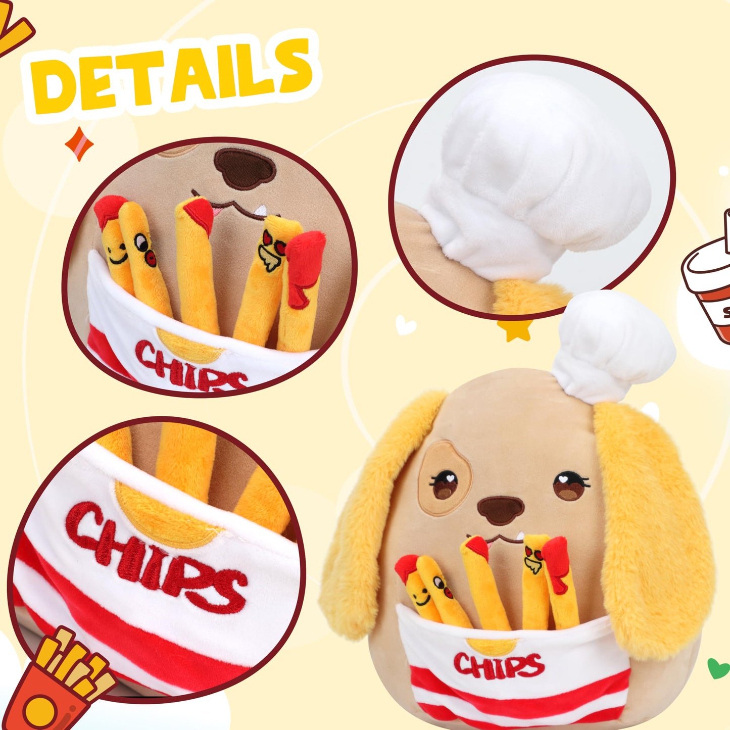 Hopearl Cute Chef Dog Plush Toy With Chips, Adorable Pillow Stuffed Animal, Smooth Plushies Pillow Gift, Soft Toy For Kids