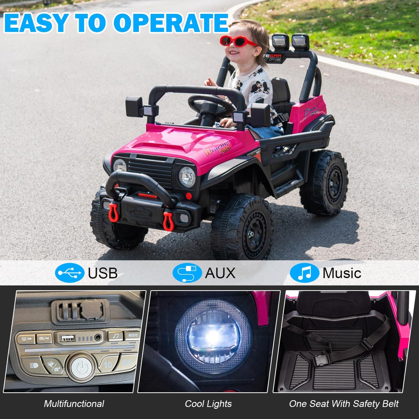 RunFast 12v Kids Ride on Car with Parent Remote Control Electric Ride on Toys for Kids 3-5 3.7mph Max Speed Battery Powered Large Seat with Safety Belt Aux Port Gift for Boy&Girl(Pink  12V)