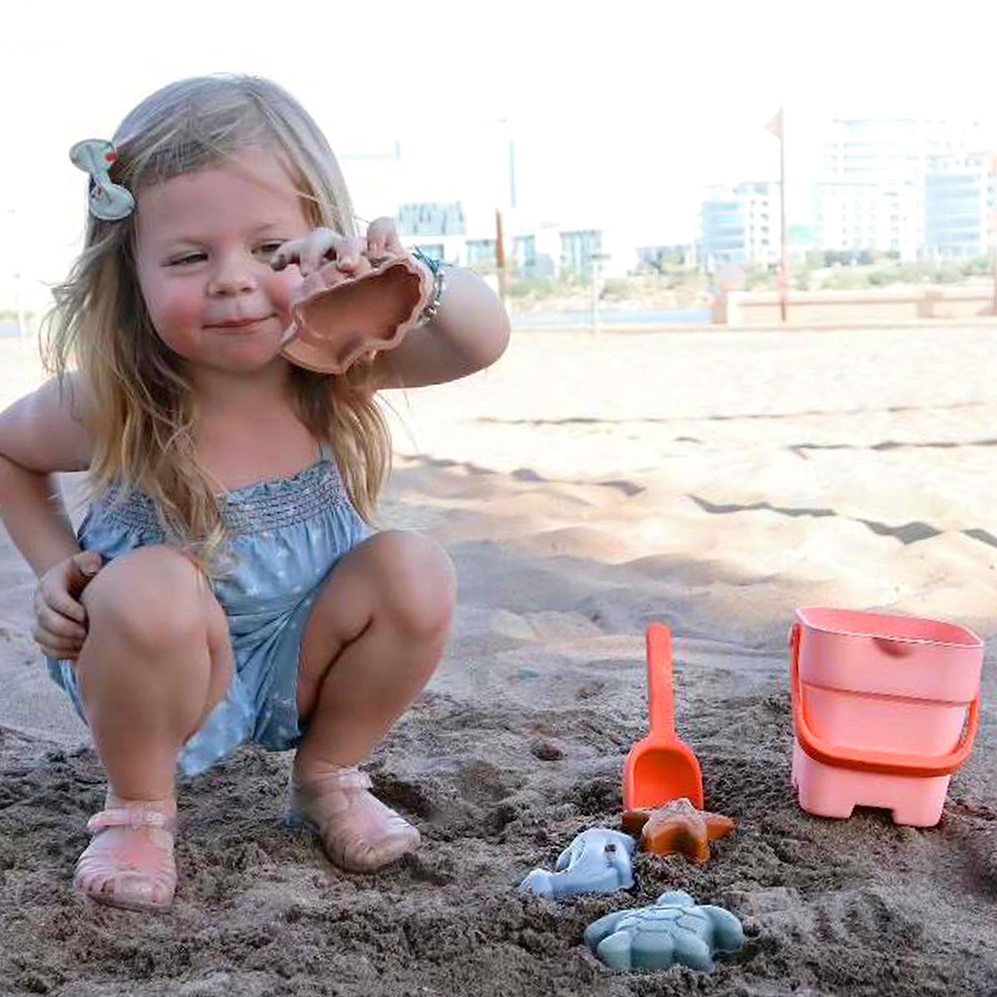 Silicone Beach Toy for Kids - Travel Friendly Sand Toy - Building Sand Castles with Collapsible Sand Bucket, Rounded Shovel and