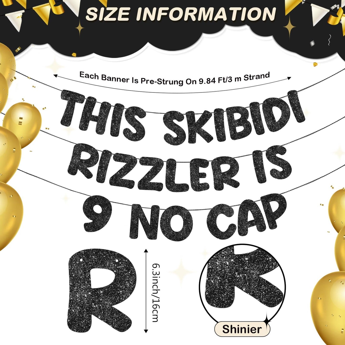 Fulmoon Pre Strung This Skibidi Rizzler Is 9 No Cap Glitter Banner 9th Birthday Party Decorations, Funny Birthday Sign, Party Su
