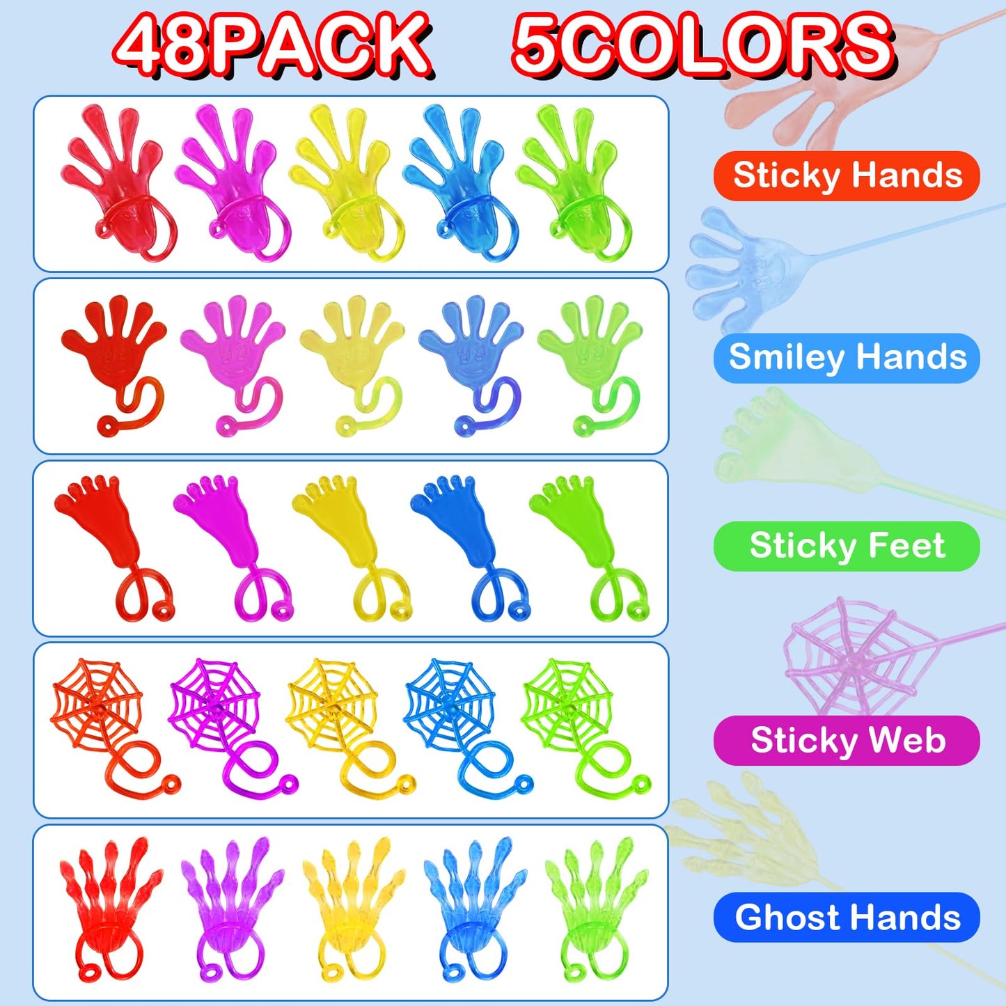 48 Pack Sticky Hands Party Favors, 6 Types Goodie Bag Stuffers, Teacher Treasure Box Prizes, Classroom Rewards, Piata Fillers, B