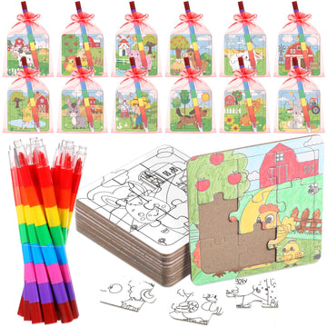 Fullhawl 12 Sets Farm Animal Puzzles Barnyard Color Your Own Puzzles DIY Barn Theme Jigsaw Crafts with 12 Stackable Crayons 12 Bags for Farmhouse Animal Gifts Birthday Party Supplies Favors