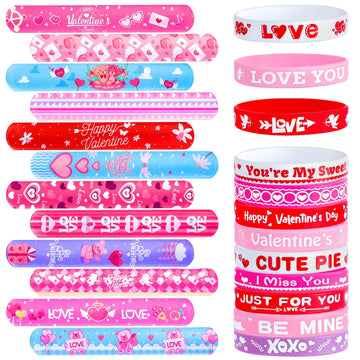 Thuodo 48 Pcs Valentines Slap Bracelets Rubber Bracelets Valentines Party Favors Gifts for Kids School Classroom Goodie Bag Stuf