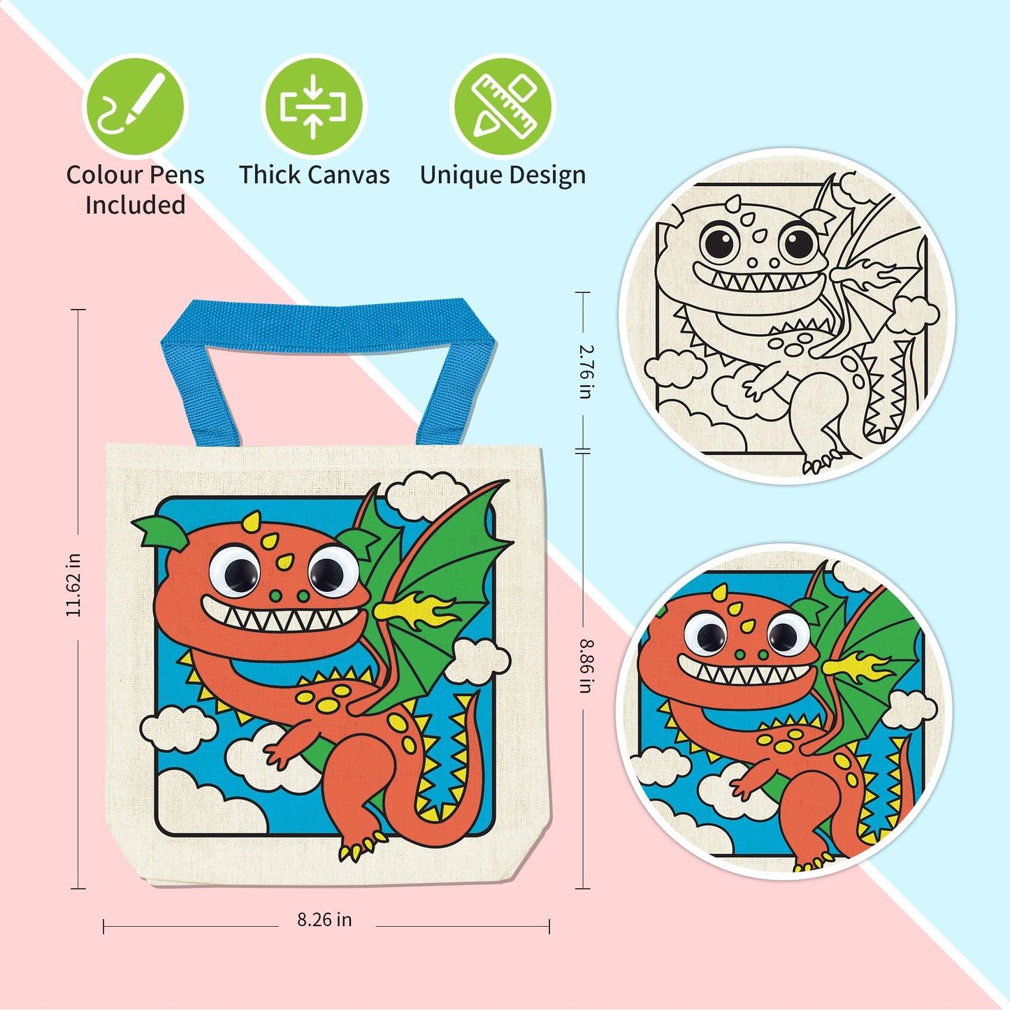 Vkpi 12 Pieces Kids Coloring Goodie Bags, Reusable Canvas Bag, Cute Art Party Favors, Color Your Own Bags For Diy Painting Birth