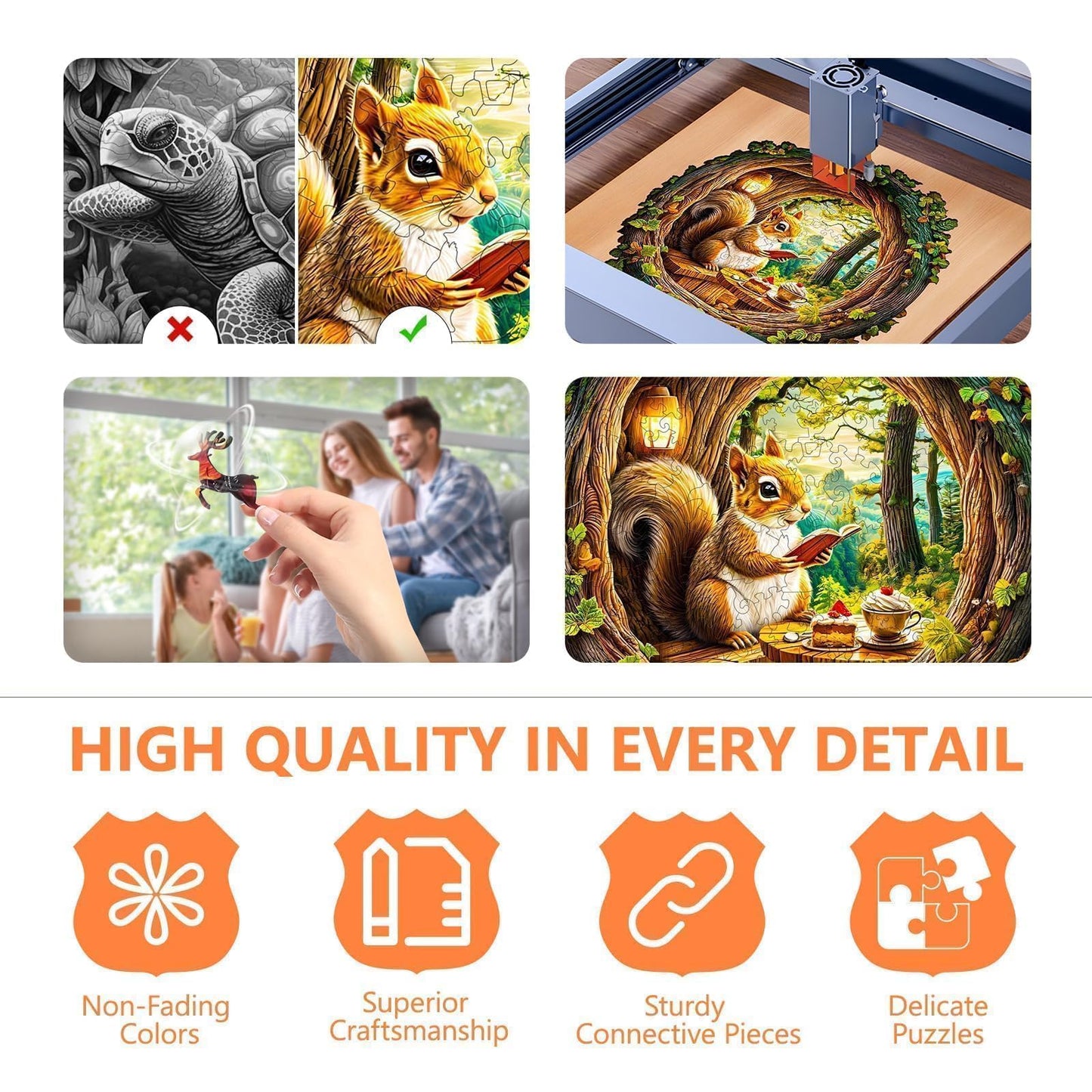 Wooden Puzzles for mature-themeds - Squirrel in The Cave  Flat Jigsaw Puzzle with 3D Visual Effect  Unique Shape Wood Puzzles mature-themed  Good Gift Idea for Friend and Family (M-11.4 * 11.2in -200 Pieces)
