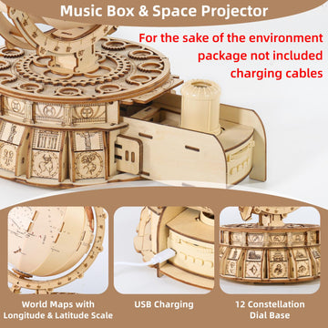 Miebely 3D Wooden Puzzles For Adults Usb Charging Illuminated Globe Music Box Diy Led Wood Model Building Kits With Space Projec