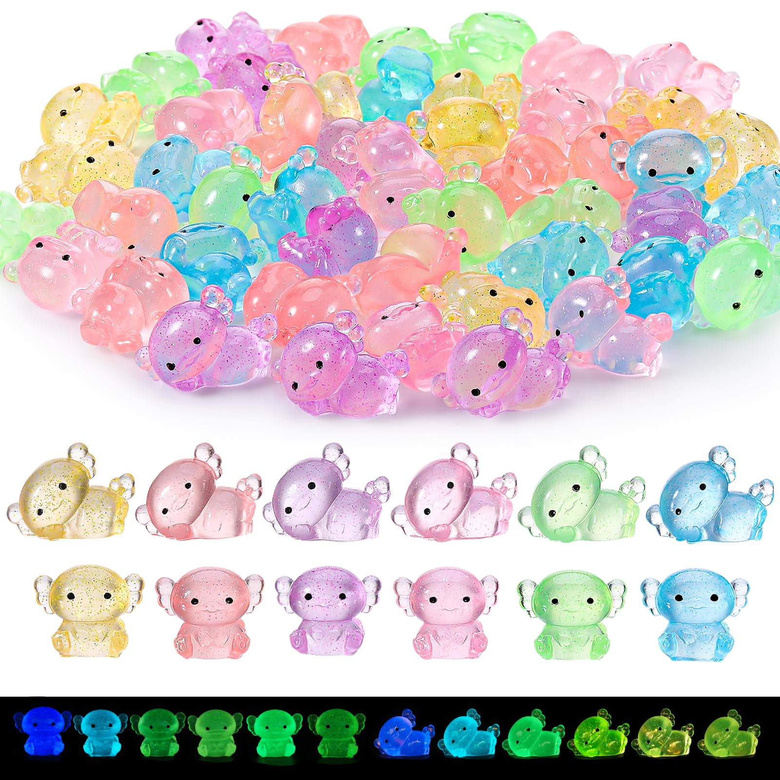 GGSTDDUP 60 Pcs Luminous Mini Resin Axolotl  Tiny Axolotl Miniature Figures Glow in The Dark Lying Down and Standing Axolotl Ornament for DIY Fairy Garden Dollhouse Landscape Aquarium (12 Styles)