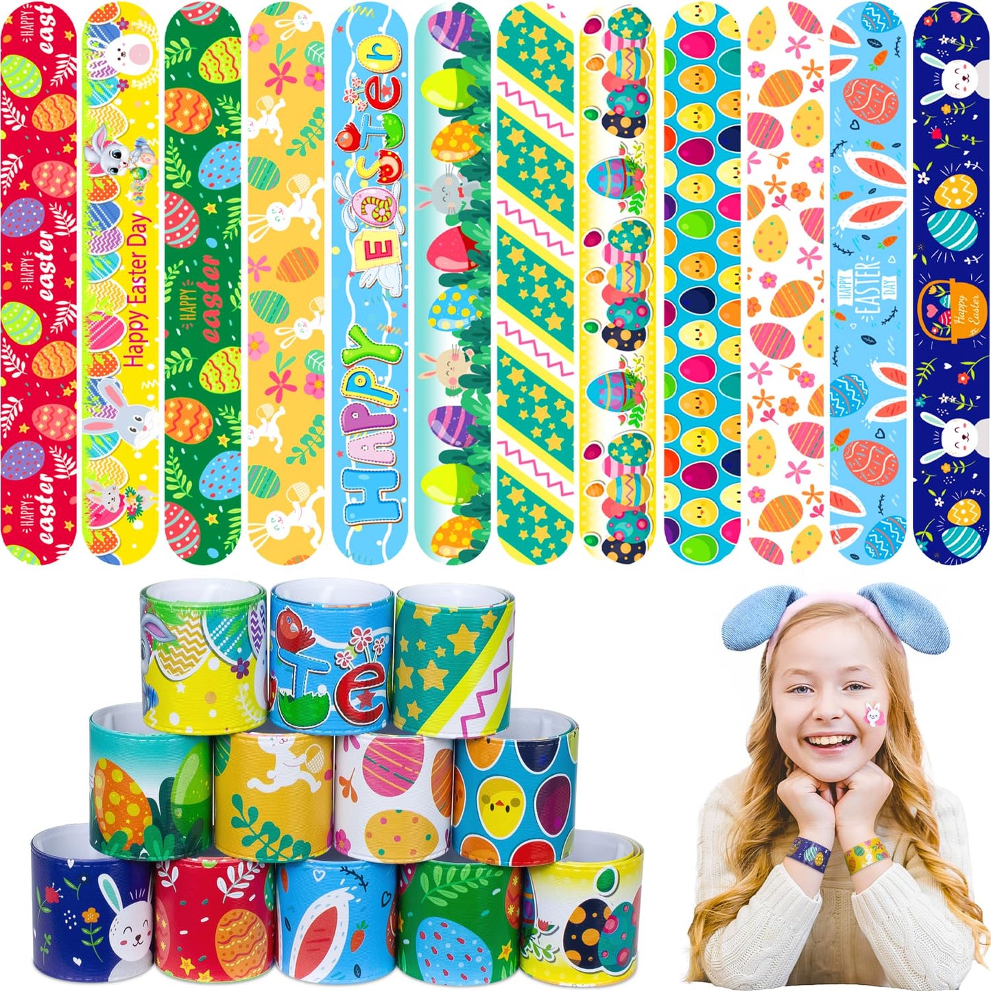 UMEMAXSO 48 PCS Easter Slap Bracelets for Kids - Fun Bunny & Egg Designs, Party Favors, Goodie Bag Fillers, and Classroom Prizes