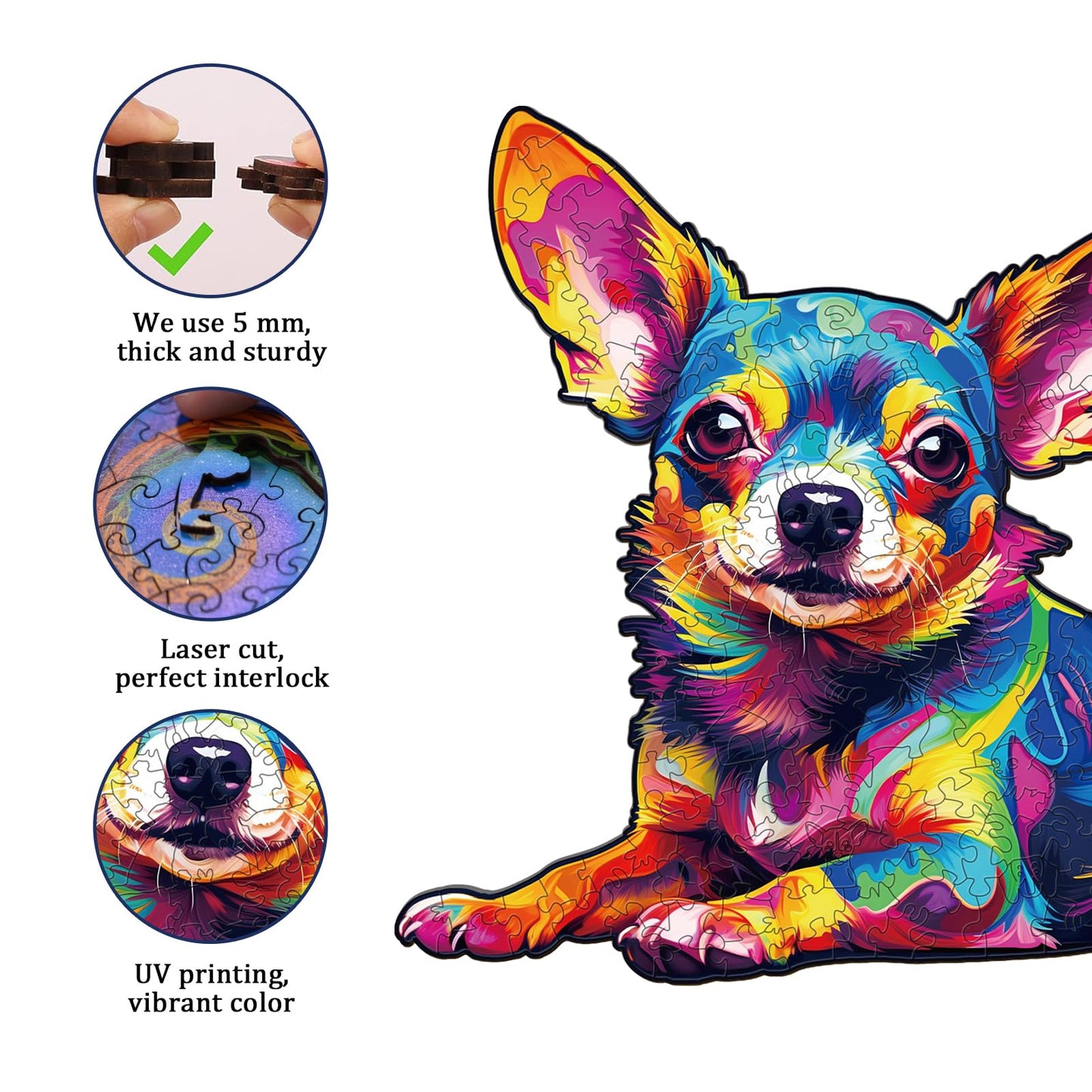 Jigfoxy Wooden Puzzles for Adults - Colorful Chihuahua Dog, 170pcs, Medium Size, Wood Material, Unique Animal-Shaped Design