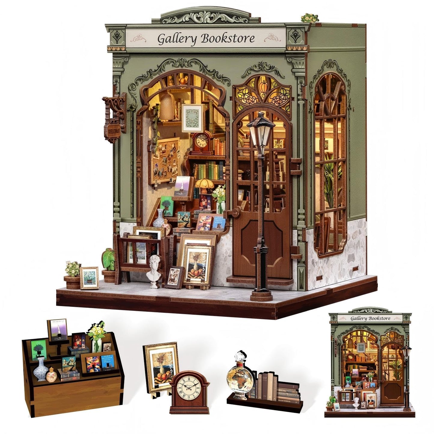 CUTEBEE DIY Book Nook Kit  Miniature House Kits for mature-themed and Teens  DIY Miniature Book Nook kit with Sensor Led Light  Gifts for Lovers and Family (Gallery Bookstore)