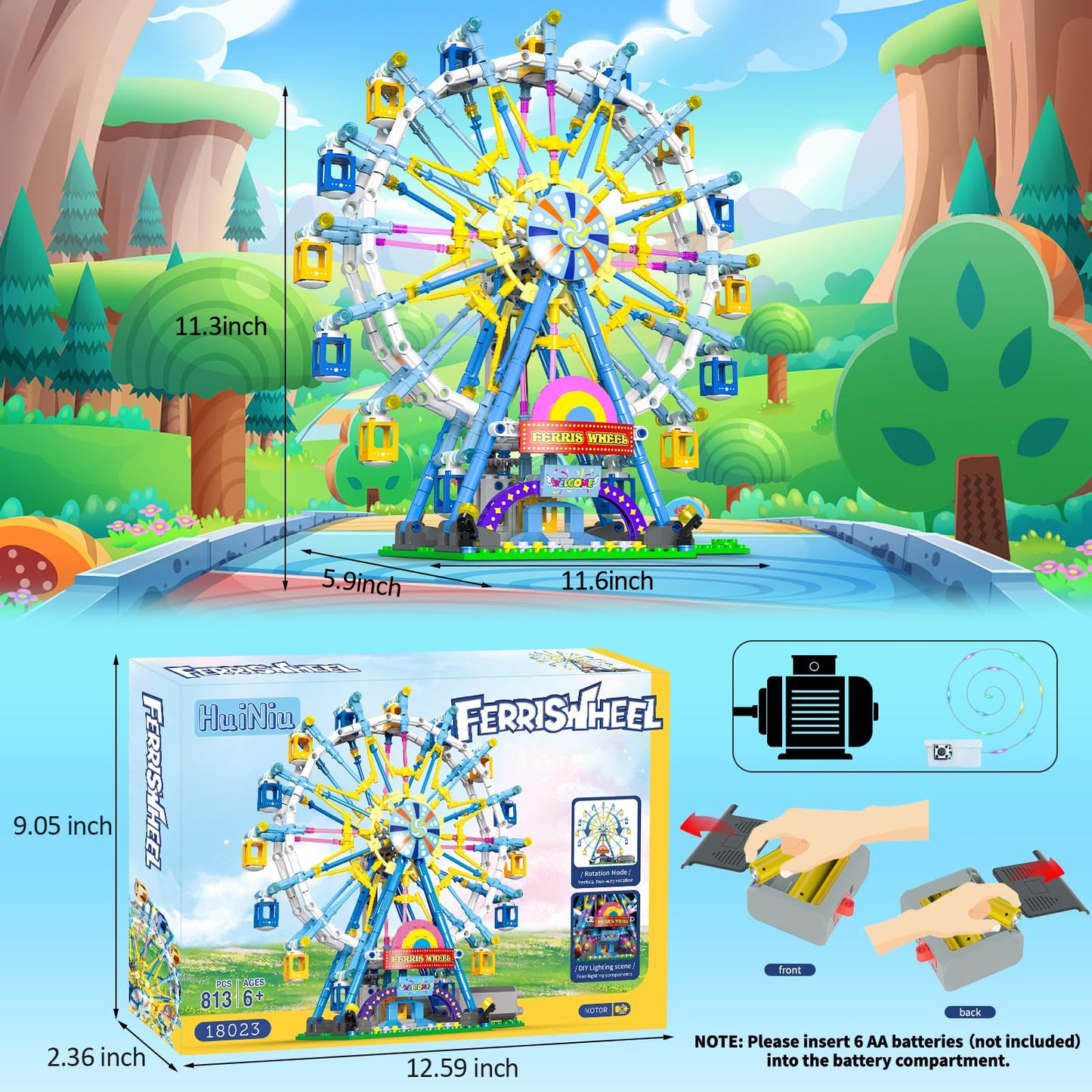 2024 Newly Upgrade Ferris Wheel Building Set With Fairy Light, Two-Way Rotating Ferris Wheel Building Blocks Set Of 813 Pcs, Amu